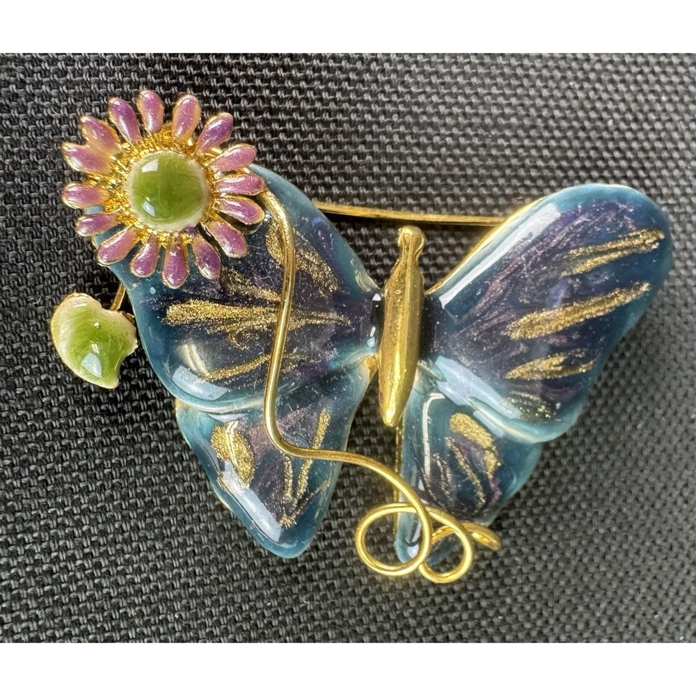 VTG Goldstone Metalwork Butterfly Brooch Blue/Green Enamel 3D Flower